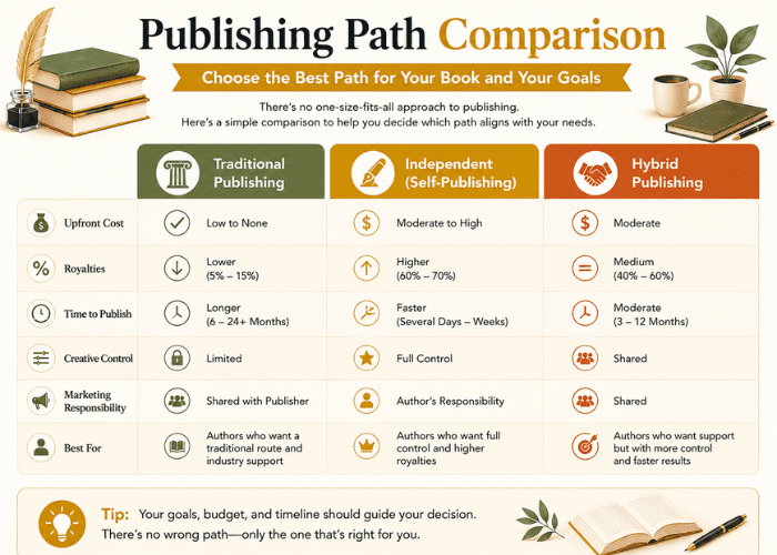 How to publish a book comparison infographic showing traditional, self-publishing, and hybrid publishing options.